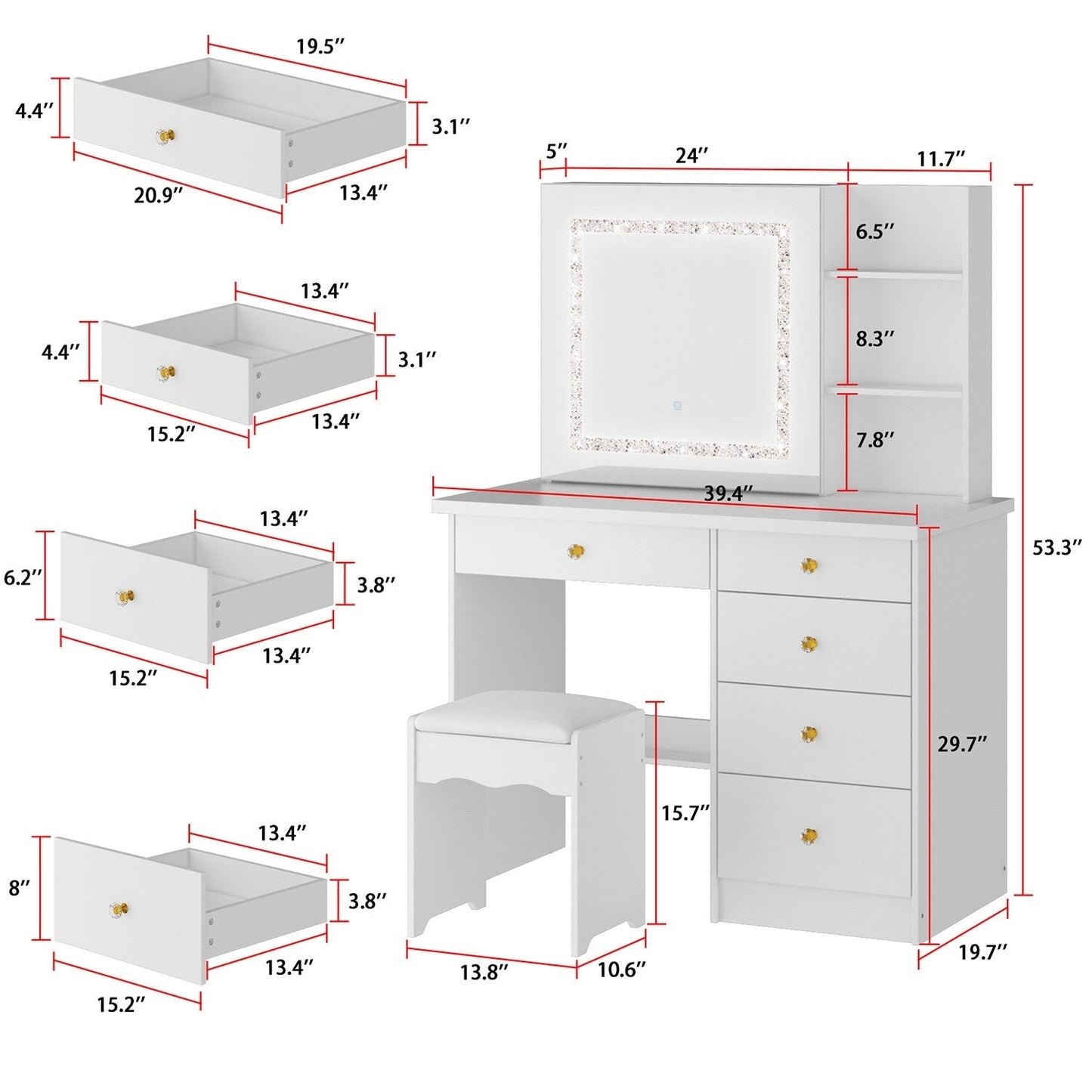 FUFU&GAGA Contemporary White Makeup Vanity with Lighted Mirror, 4 Drawers, and Cabinet Storage