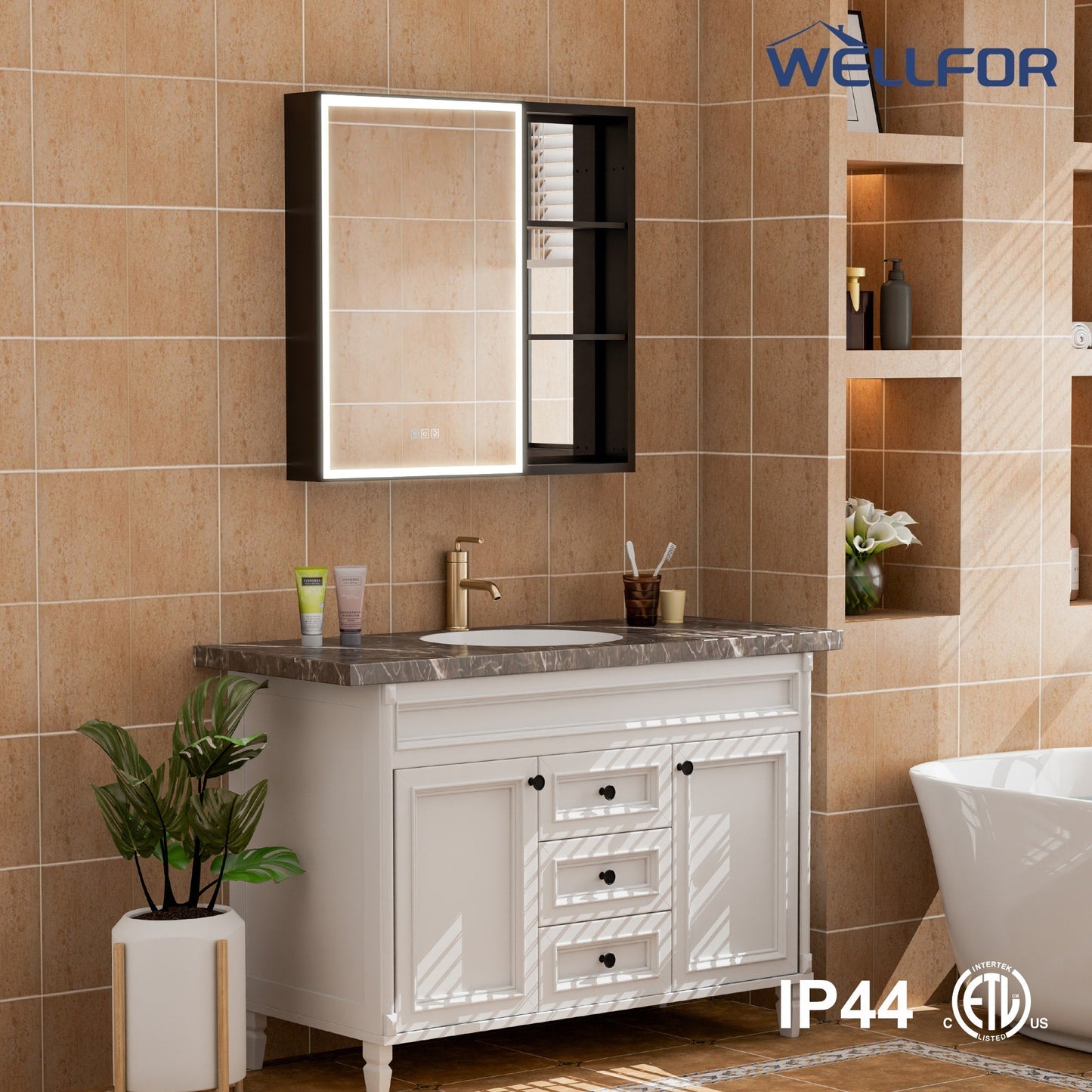 WELLFOR W12 32-in x 30-in Lighted LED Fog Free Surface/Recessed Mount Anodized Black Aluminum Mirrored Soft Close Medicine Cabinet with Outlet