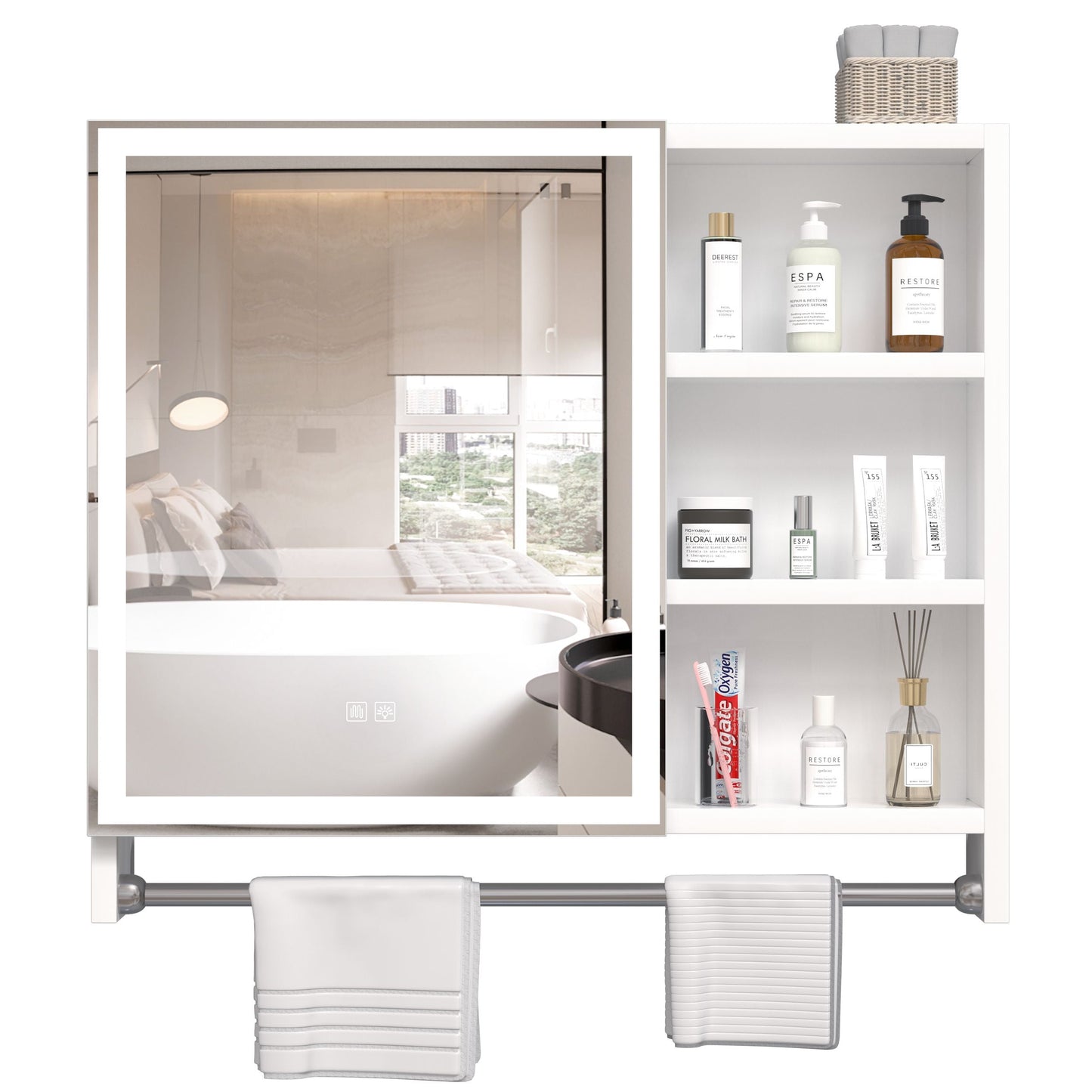 Forclover 32-in x 28-in Lighted LED Fog Free Surface Mount White Mirrored Medicine Cabinet