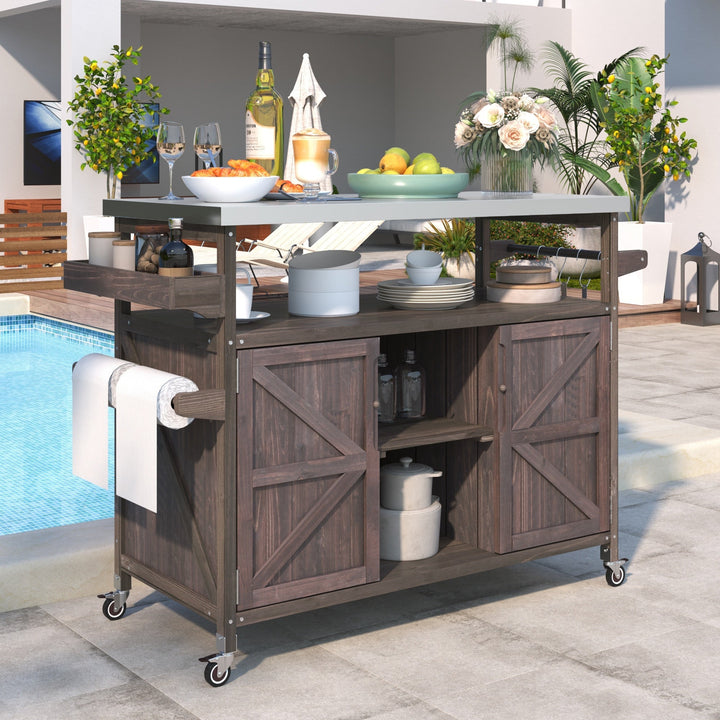BABOOM Brown Wood Base with Stainless Steel Metal Top Rolling Kitchen Island (18.5-in x 50.25-in x 36.3-in)