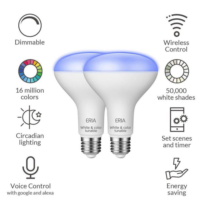 AduroSmart ERIA 65-Watt Equivalent BR30 Dimmable CRI 90 Plus Wireless Smart LED Light Bulb Multi-Color (2-Pack)
