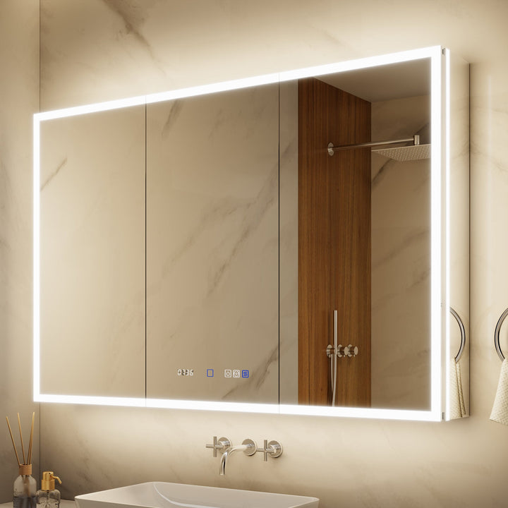 ExBrite 48-in x 32-in Lighted LED Fog Free Surface/Recessed Mount Silver Mirrored Soft Close Medicine Cabinet with Outlet