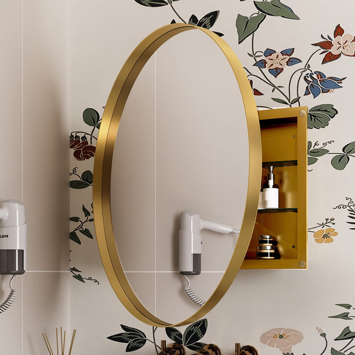 WELLFOR 31.5-in x 31.5-in Recessed Mount Gold Mirrored Round Medicine Cabinet