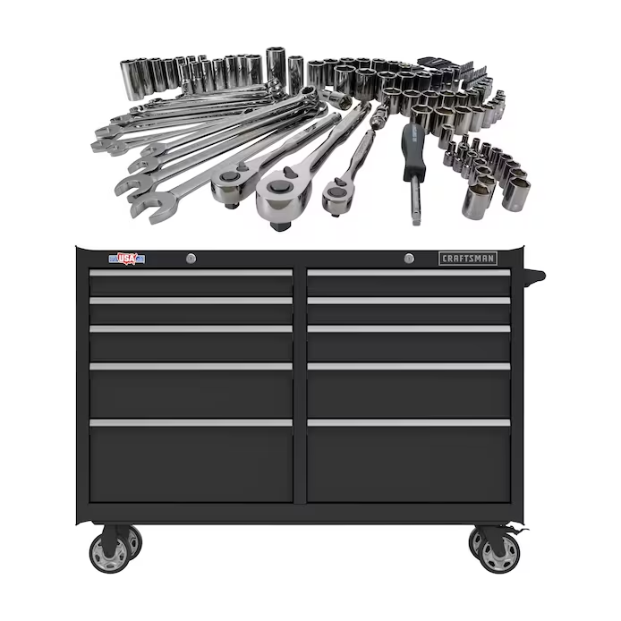 CRAFTSMAN 2000 Series 52-in W x 37.5-in H 10-Drawer Steel Rolling Tool Cabinet (Black) & 121-Piece Standard (SAE) and Metric Combination Gunmetal Chrome Mechanics Tool Set (1/4-in; 3/8-in)