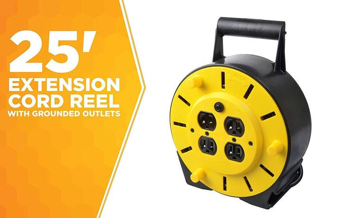 Woods 4907 16/3 25' Black/Yellow SJTW Extension Cord Reel with 4-Outlets