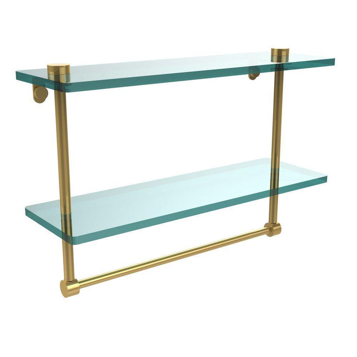 16 in. L x 12 in. H x 5 in. W 2-Tier Clear Glass Vanity Bathroom Shelf with Towel Bar in Polished Brass - Super Arbor