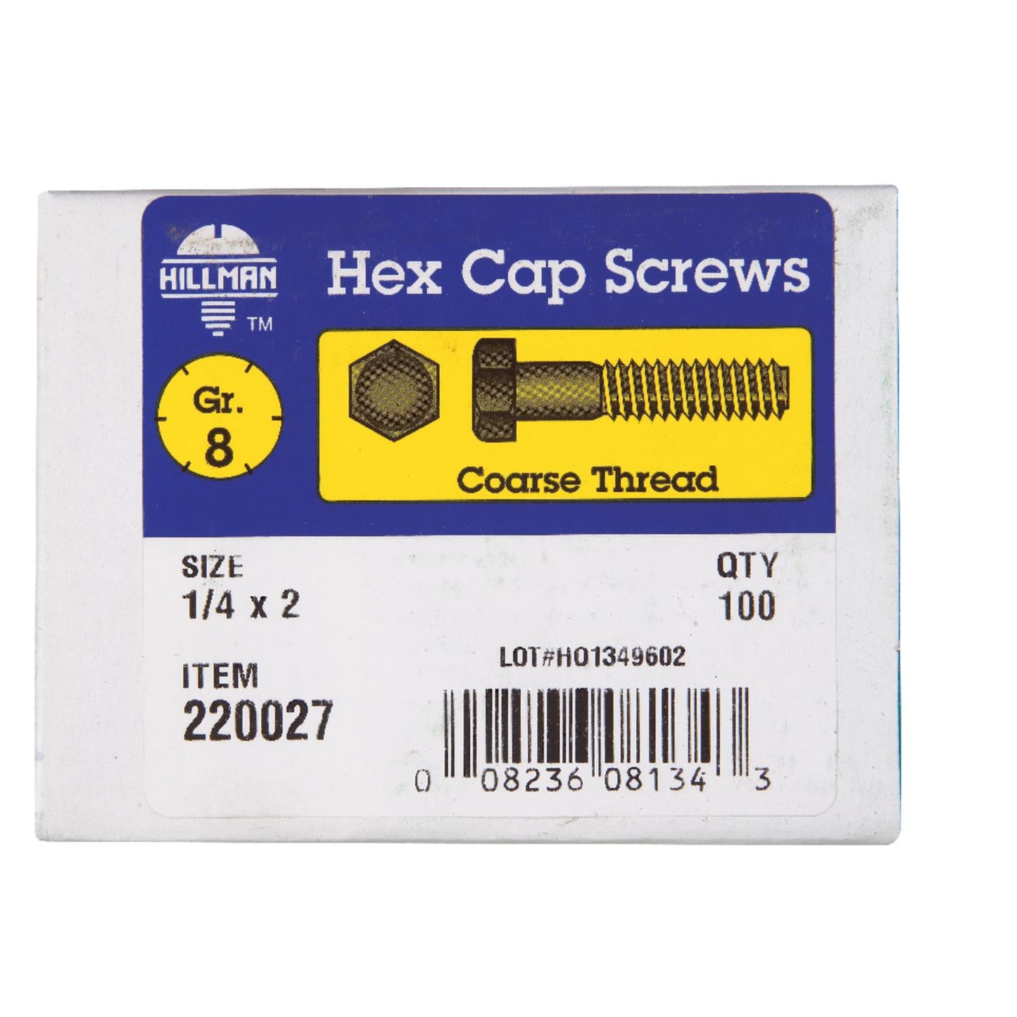 Hillman 1/4 in. Diameter x 2 in. Length Grade 8 Heat-Treated Steel Hex Head Cap Screws, Coarse Thread, 100-Pack