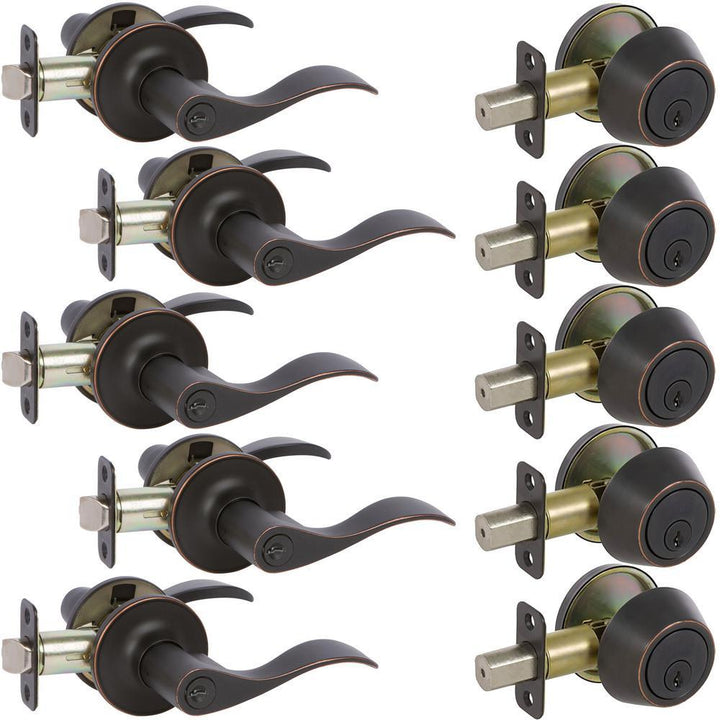 5-Bennett Edged Oil Rubbed Bronze Entry Door Levers and 5-Edged Oil Rubbed Bronze Sgl Cyl Deadbolts All Keyed Alike - Super Arbor