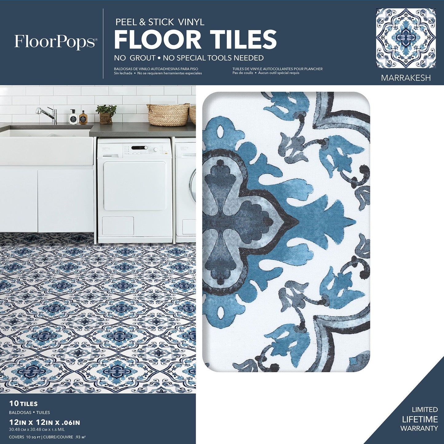 FloorPops Marrakesh Blue 12-in x 12-in Water-Resistant Peel-and-Stick Vinyl Tile Flooring, 20-sq ft Carton
