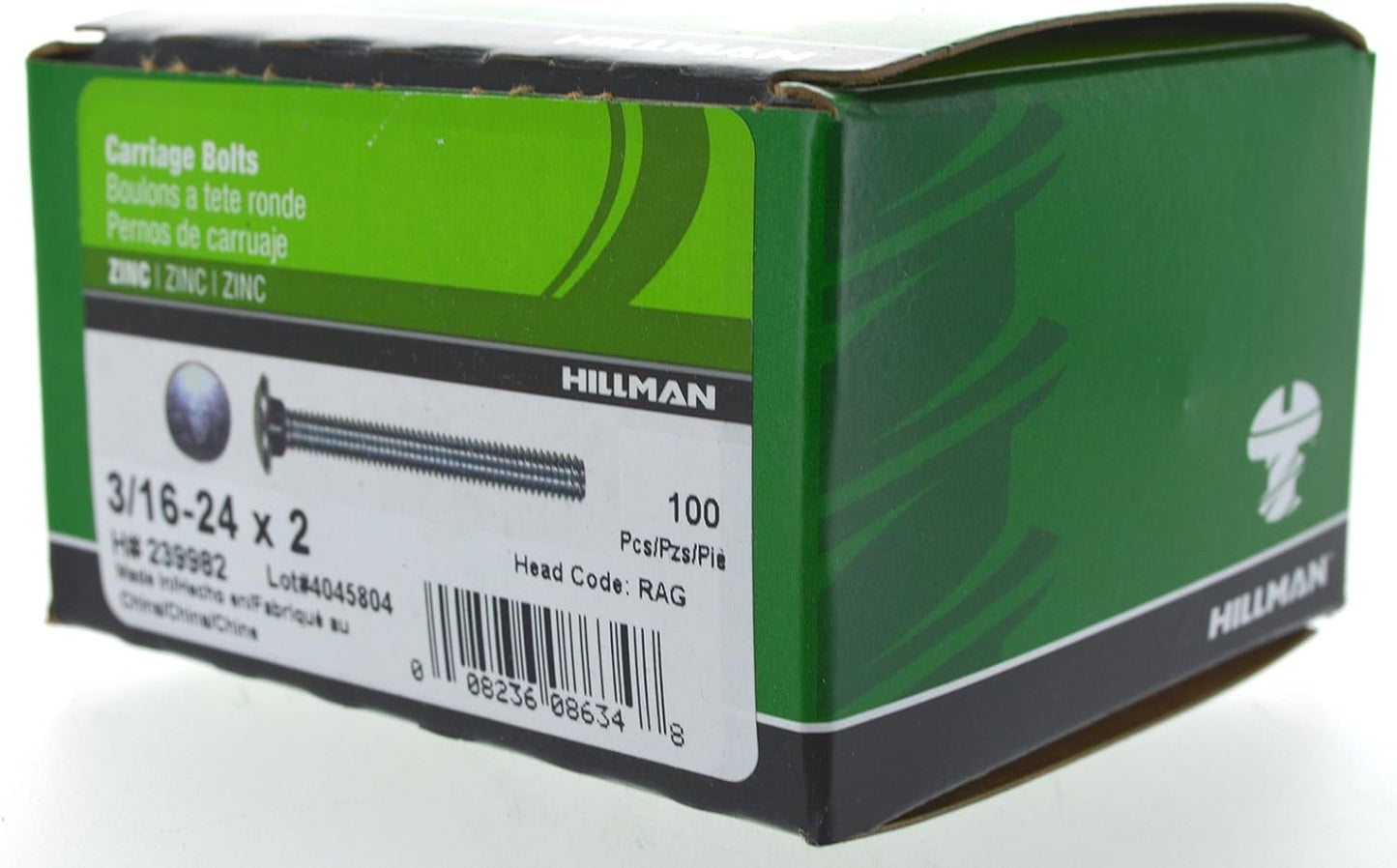 Hillman 3/16 in. x 2 in. Zinc-Plated Steel Carriage Bolt, 100-Pack