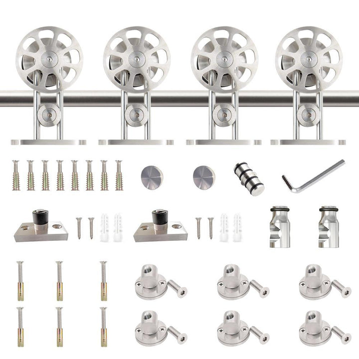 8 ft./96 in. Stainless Steel Sliding Spoke Wheel Barn Door Hardware Kit for Double Door with Non-Routed Floor Guide - Super Arbor