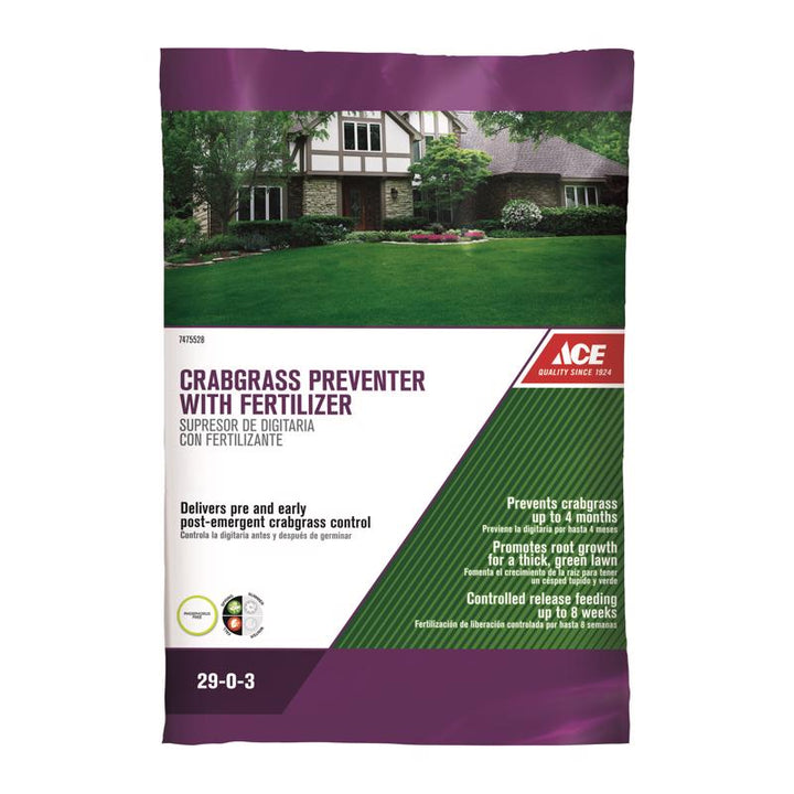 Ace Crabgrass Preventer Lawn Fertilizer for All Grasses, 5,000 sq ft Coverage