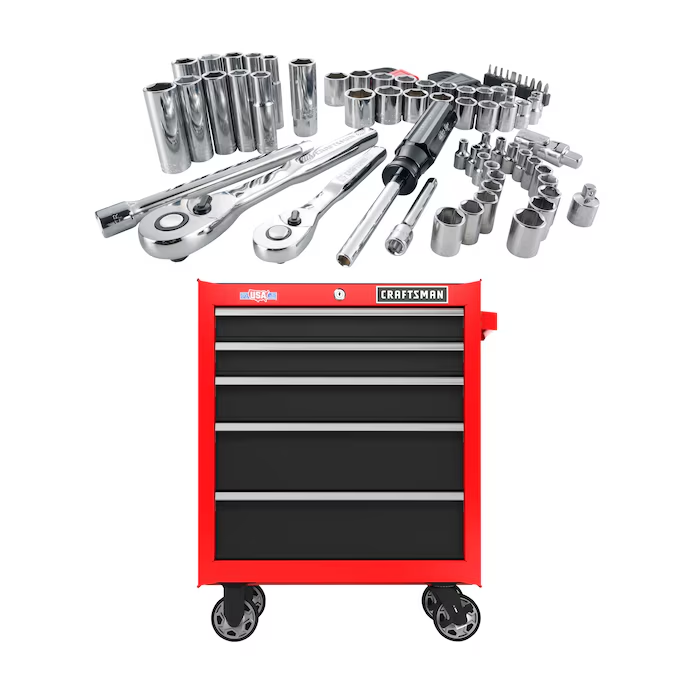 CRAFTSMAN 2000 Series 26.5-in W x 34-in H 5-Drawer Steel Rolling Tool Cabinet (Red) & 83-Piece Standard (SAE) and Metric Combination Polished Chrome Mechanics Tool Set (1/4-in; 3/8-in;)