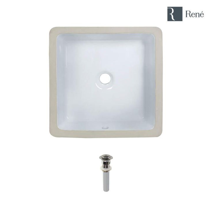 Rene 16 in. Undermount Bathroom Sink in White with Pop-Up Drain in Brushed Nickel