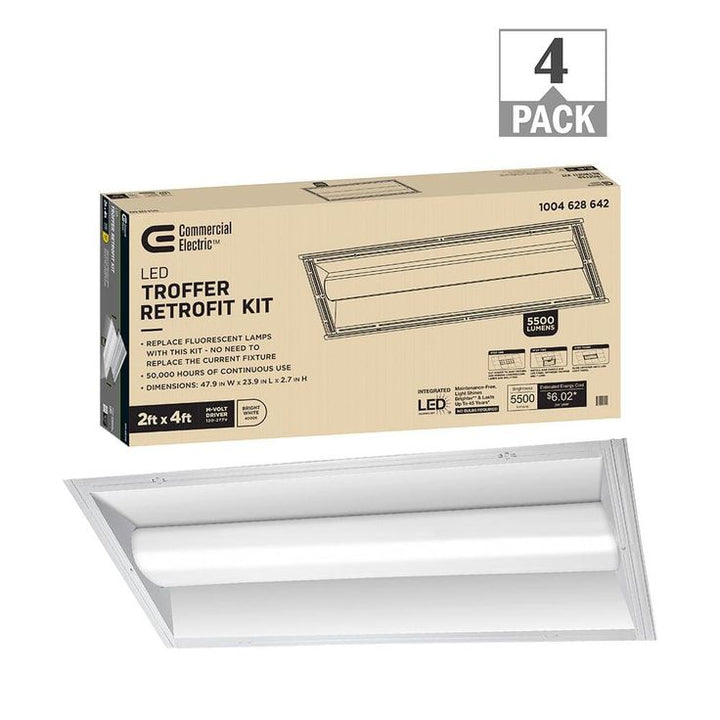 Commercial Electric 2 ft. x 4 ft. 100-Watt Equivalent Integrated LED White Troffer Light Kit Retrofit 5500 Lumen 4000K Bright White (4-Pack)
