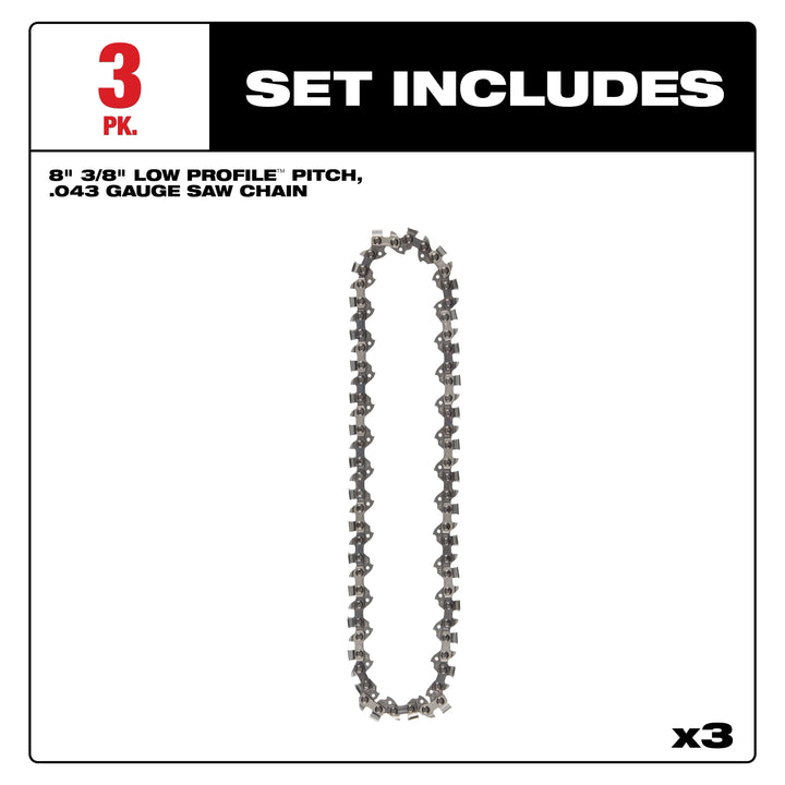 Milwaukee 8 in. Chainsaw Chain, 3-Pack — 3/8 in. Low Profile Pitch, .043 in. Gauge, 33 DL (49-16-2817)