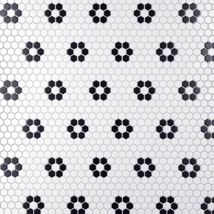 Merola Tile Metro Hex Matte White with Flower Porcelain Mosaic Tile, 10-1/4 in. x 11-7/8 in., 6mm (8.56 sq. ft./Case)