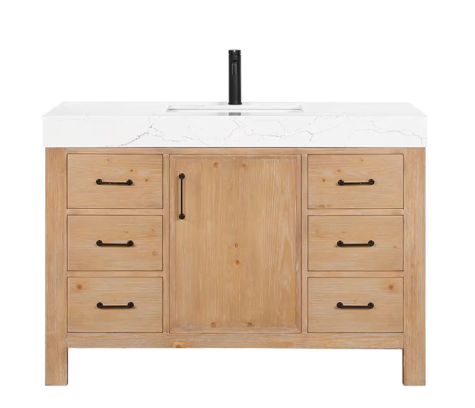 León 48 in.W x 22 in.D x 34 in.H Single Sink Bath Vanity in Fir Wood Brown with White Composite Stone Top