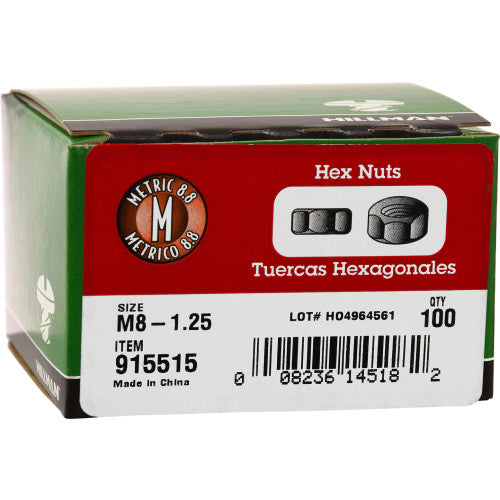 Hillman M8-1.25 mm Zinc-Plated Steel Metric Hex Nut, 100-Pack