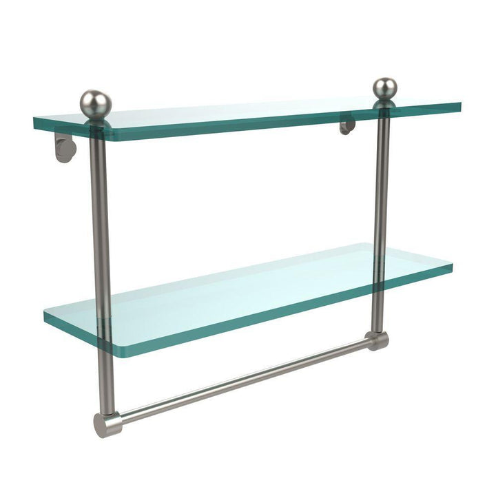 16 in. L x 12 in. H x 5 in. W 2-Tier Clear Glass Bathroom Shelf with Towel Bar in Satin Nickel - Super Arbor