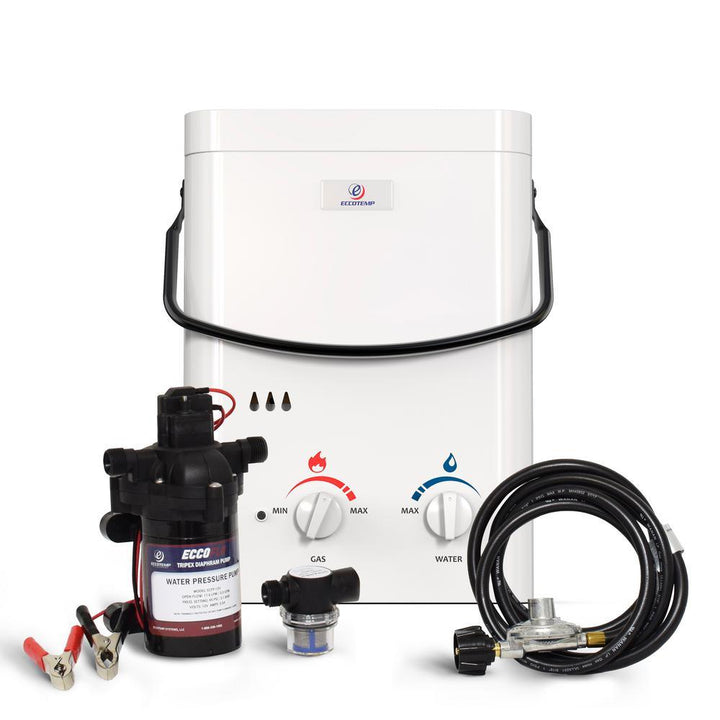 Eccotemp L5 1.5 GPM Portable 37,500 BTU Liquid Propane Outdoor Tankless Water Heater with Eccoflo Water Pump & Strainer - Super Arbor