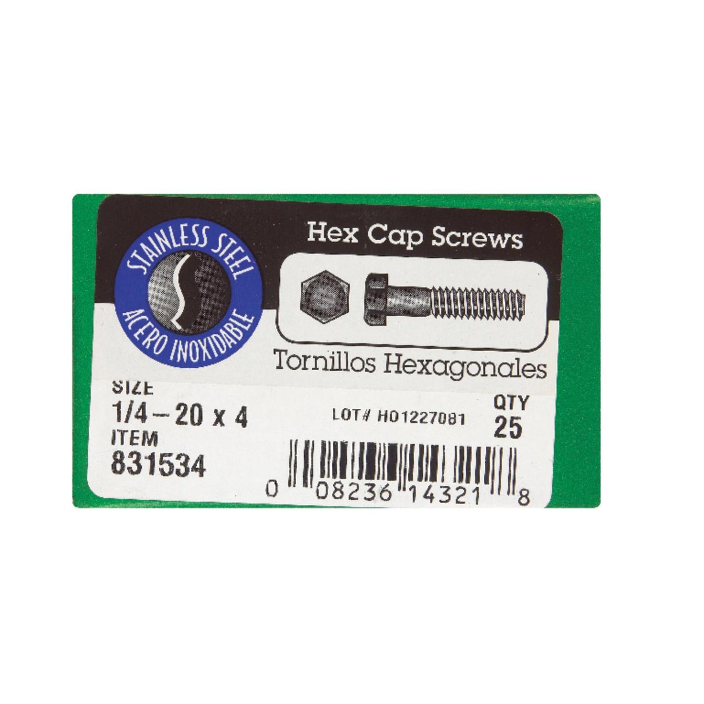 Hillman 1/4-20 in. Diameter x 4 in. Length Stainless Steel Hex Head Cap Screw, 25-Pack