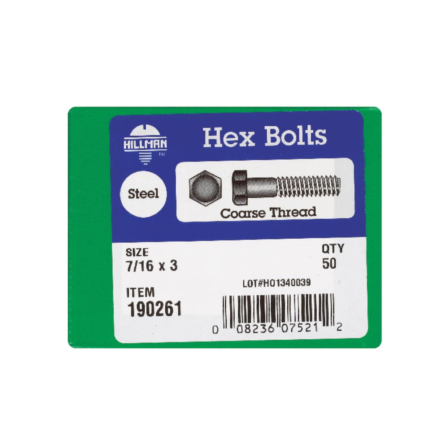 Hillman 7/16 in. Diameter x 3 in. Length Zinc-Plated Steel Hex Bolt, Coarse Thread (50-Pack)