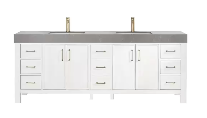 León 84 in.W x 22 in.D x 34 in.H Double Sink Bath Vanity in Fir Wood White with Grey Composite Stone Top