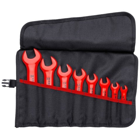 KNIPEX 8-Piece Open-End Wrench Set, Metric, 1000V Insulated with Roll-Up Pouch (Sizes 8–24 mm)