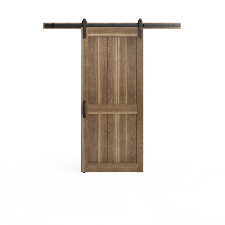 Masonite 36 in. x 84 in. 2 Panel Plank Sandy Brown Interior Sliding Barn Door Slab with Hardware Kit