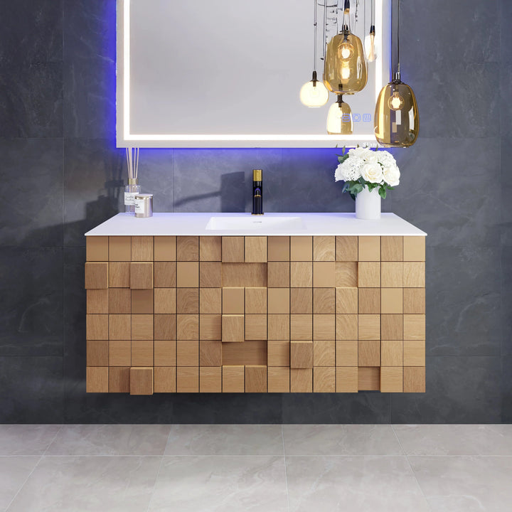 Eviva Mosaic 49"W x 20"D Natural Oak Wall Mount Bathroom Vanity with White Solid Surface Countertop and Integrated Sink