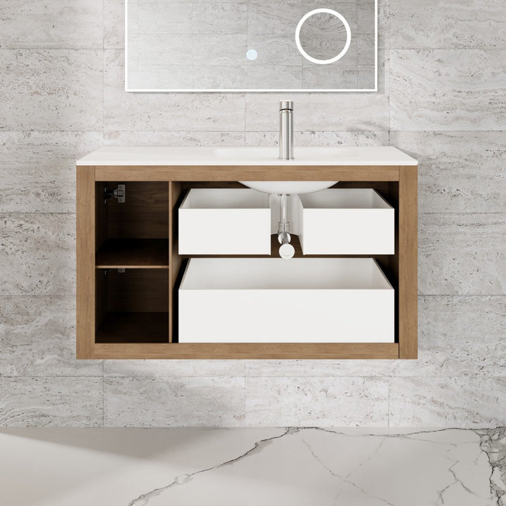 Eviva Prancer 36"W x 20"D Natural Oak Wall Mount Bathroom Vanity with White Solid Surface Countertop and Integrated Sink