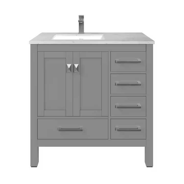 Eviva London 36 in. W x 18 in. D x 34 in. H Bathroom Vanity in Gray with White Carrara Marble Top with White Sink
