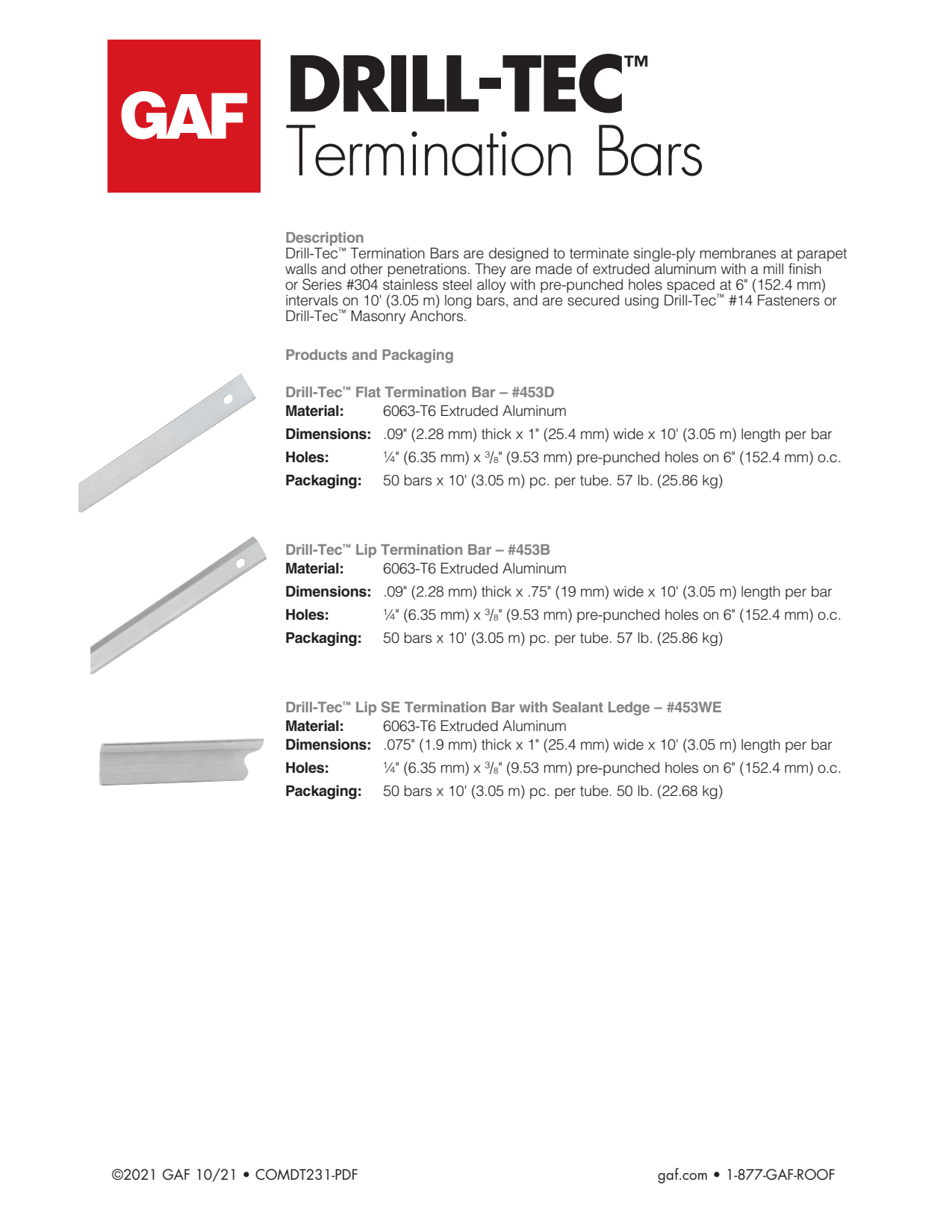 GAF Drill-Tec Lip Aluminum Termination Bar 6" OC