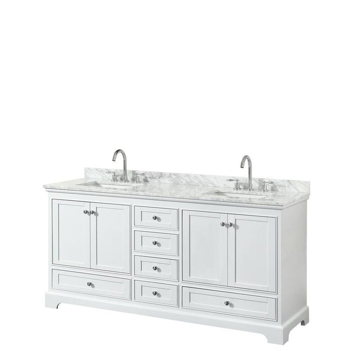 Deborah 72 in. W x 22 in. D Vanity in White with Marble Vanity Top in Carrara White with White Basins