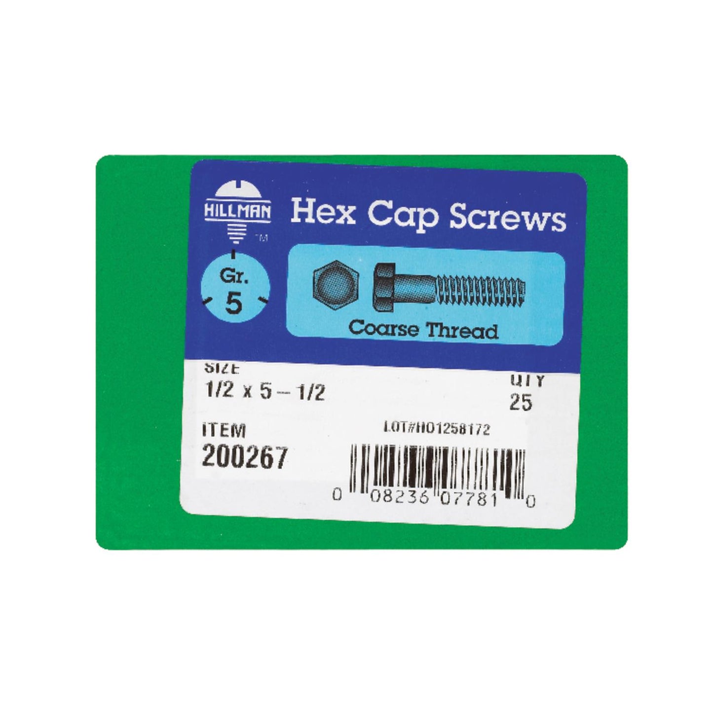 Hillman 1/2 in. Diameter x 5-1/2 in. Length Heat-Treated Zinc Steel Hex Head Cap Screws, Coarse Thread, 25-Pack