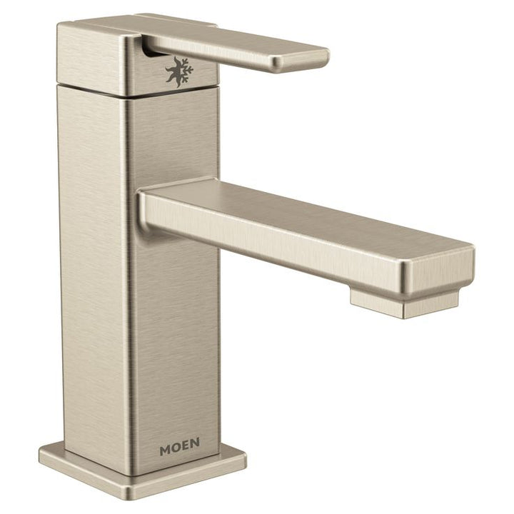 Moen 90 Degree Brushed Nickel 1-handle Single Hole WaterSense Bathroom Sink Faucet with Drain