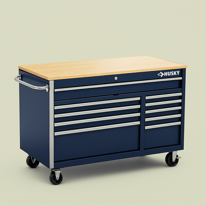 Husky 52 in. Mobile Workbench Tool Chest with Solid Wood Top - Gloss Blue