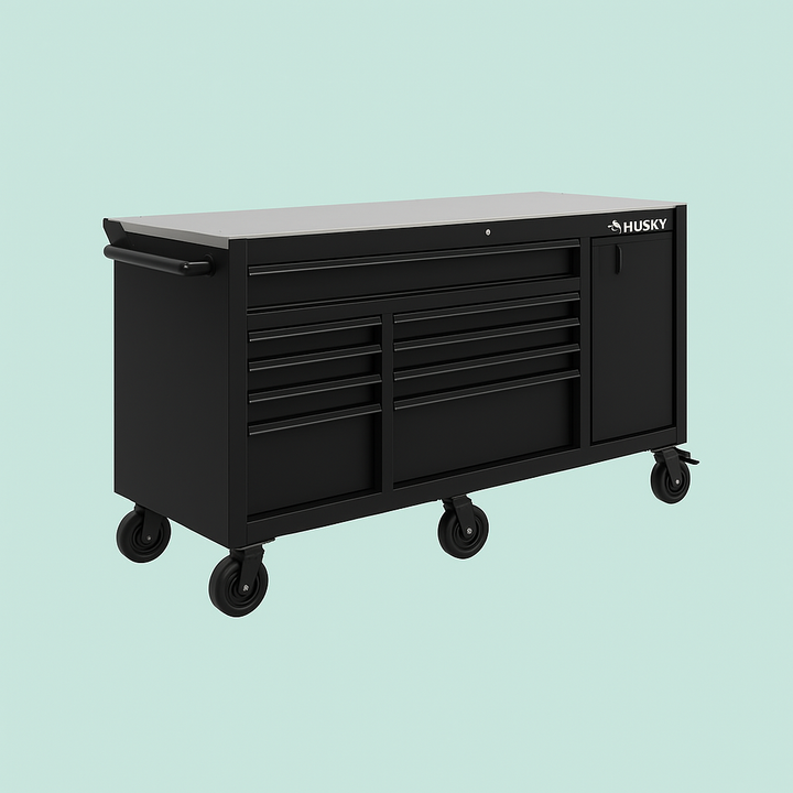 Husky 84 in. W x 24 in. D 9-Drawer Heavy-Duty Mobile Workbench with Stainless Steel Top