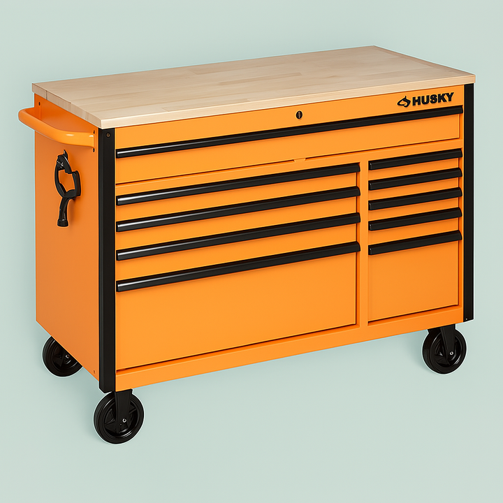 Husky 52-inch Gloss Orange Mobile Workbench with Wood Top