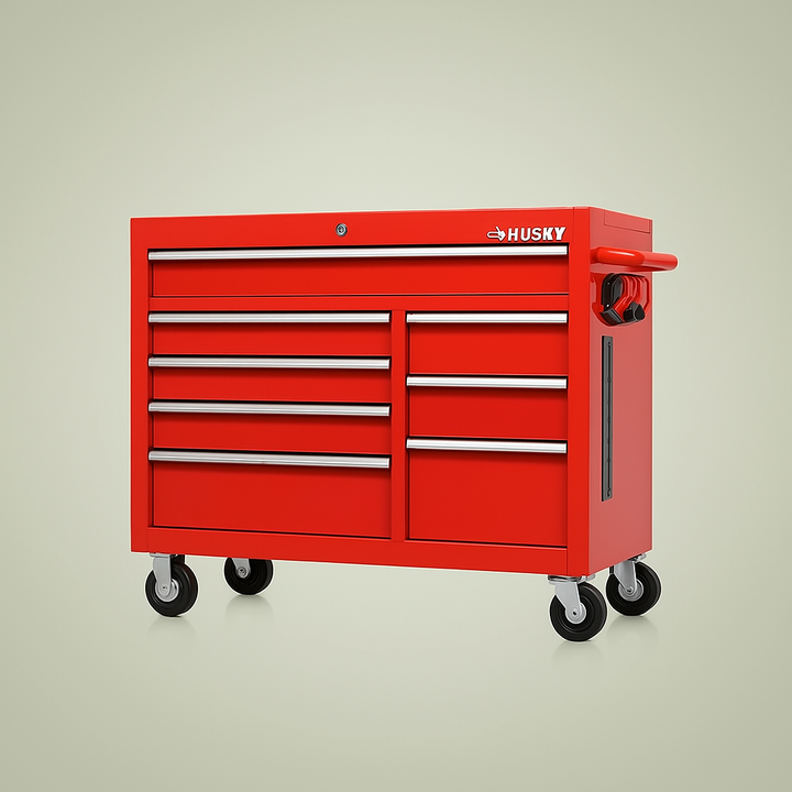 Husky 42 in. W x 18.1 in. D 8-Drawer Red Mobile Workbench Cabinet with Solid Wood Top