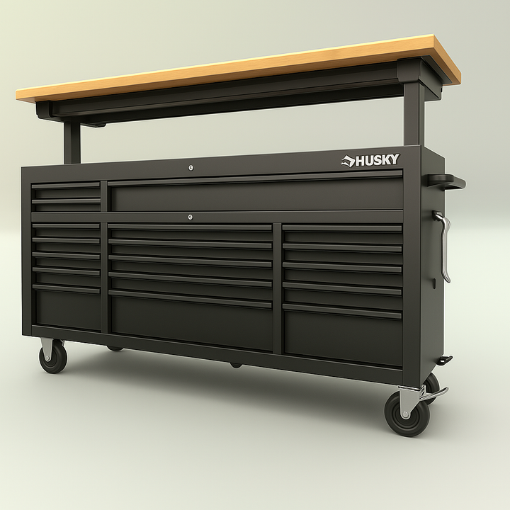 Husky 72-inch Adjustable Height Mobile Workbench with Solid Wood Top
