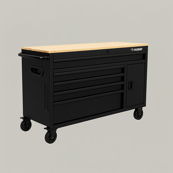 Husky 56 in. Gloss White Mobile Workbench with Hardwood Top
