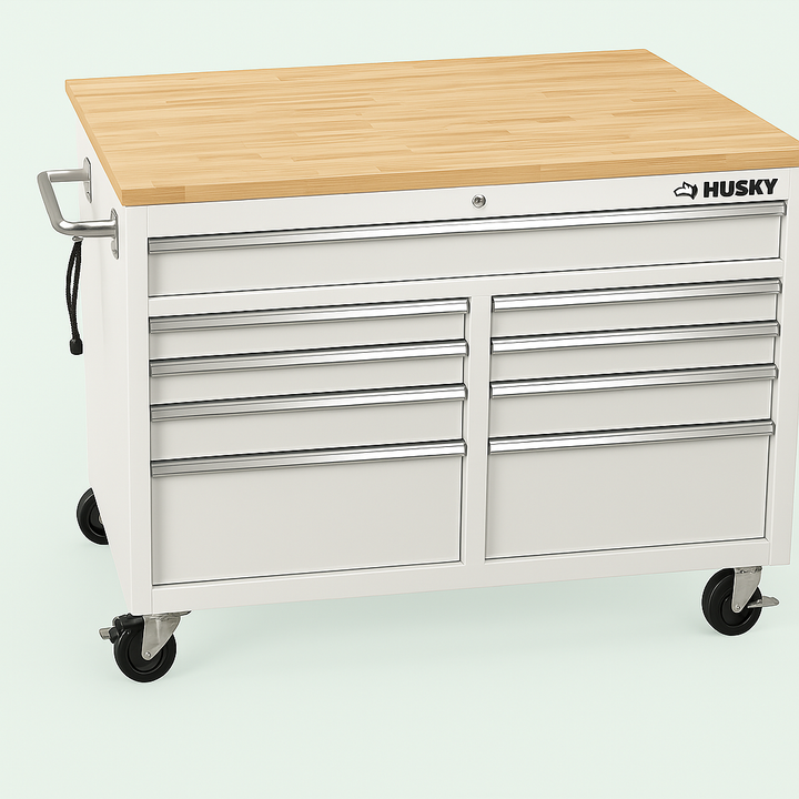 Husky 46 in. Gloss White Mobile Workbench Cabinet with Solid Wood Top