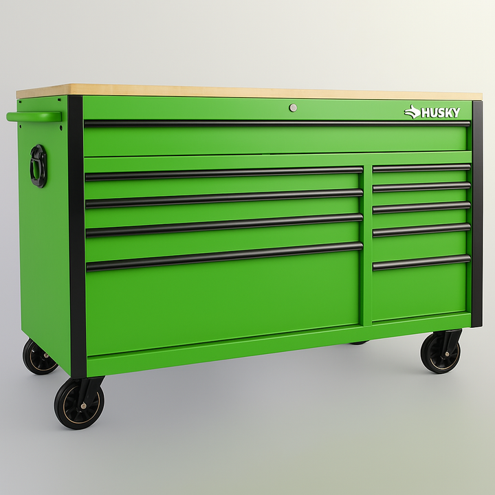 Husky 52 in. Green Mobile Workbench with Solid Wood Top