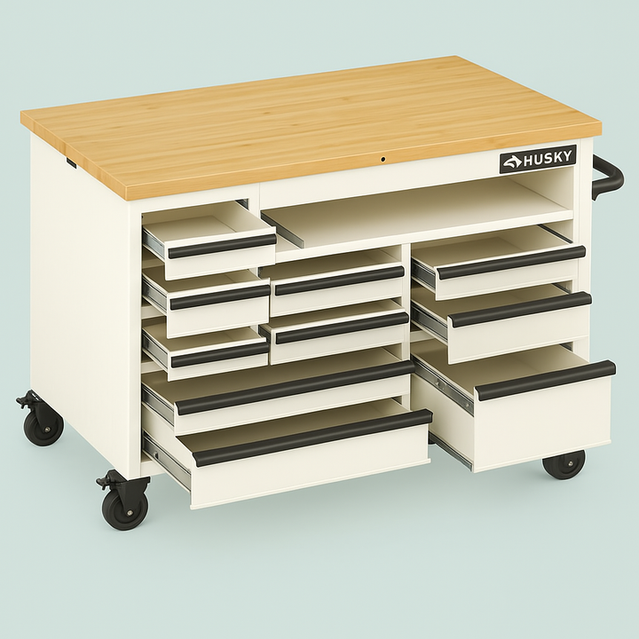 Husky 72 in. Heavy Duty 18-Drawer Mobile Workbench with 1,025-Piece Mechanics Tool Set, Matte White