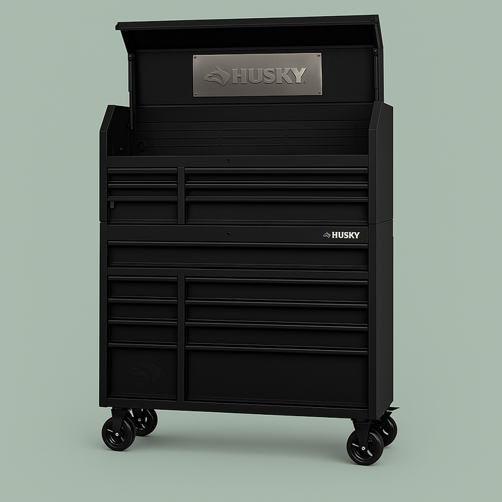 Husky 52 in. Heavy Duty Rolling Tool Chest Combo, Matte Black – 15 Drawer Steel Storage with Power Strip