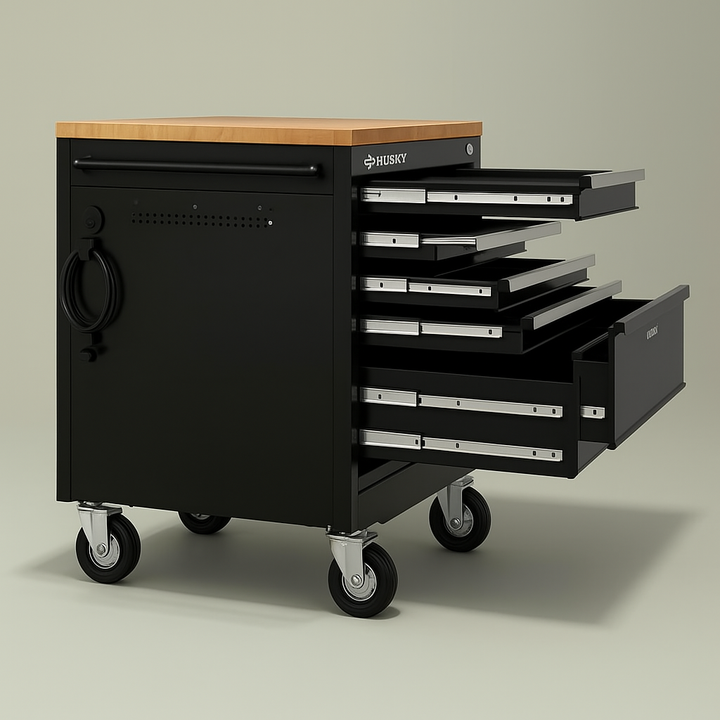 Husky 52 in. 9-Drawer Mobile Workbench Tool Chest with Solid Wood Top, Gloss Black