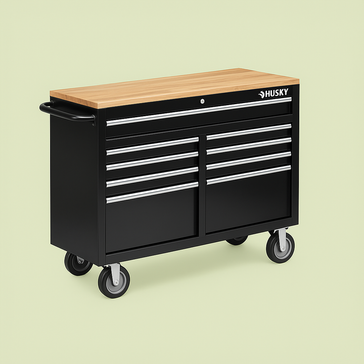 Husky 56 in. W 9-Drawer Deep Tool Chest Mobile Workbench in Gloss White with Hardwood Top