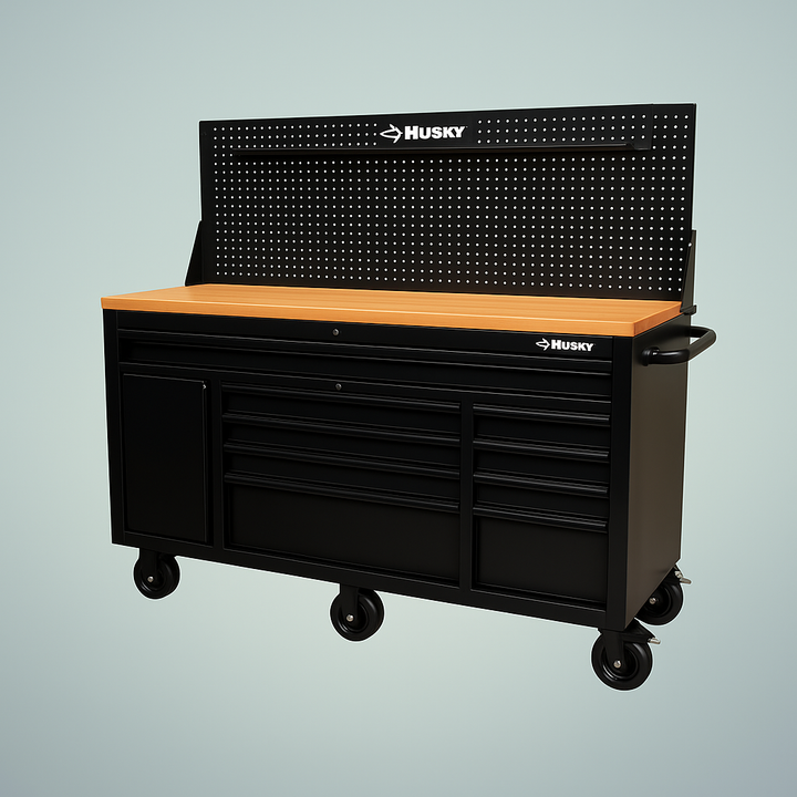 Husky Heavy-Duty 61 in. W 10-Drawer 1-Door Mobile Workbench with Hardwood Top, Pegboard & Shelf in Matte Black